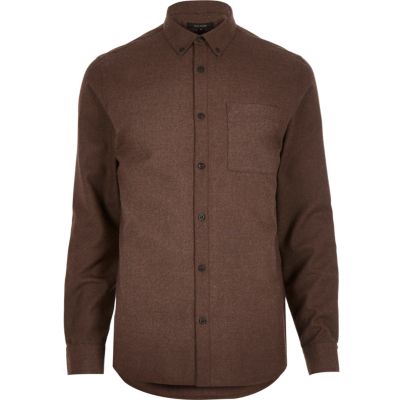 Brown flannel long sleeve slim shirt